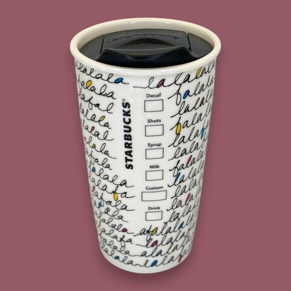 Starbuck's Holiday 2011 FaLaLa 12 oz Ceramic Travel Tumbler w/ Original Lid - Picture 4 of 5